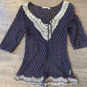 Solitaire Navy and Cream Lace Blouse
